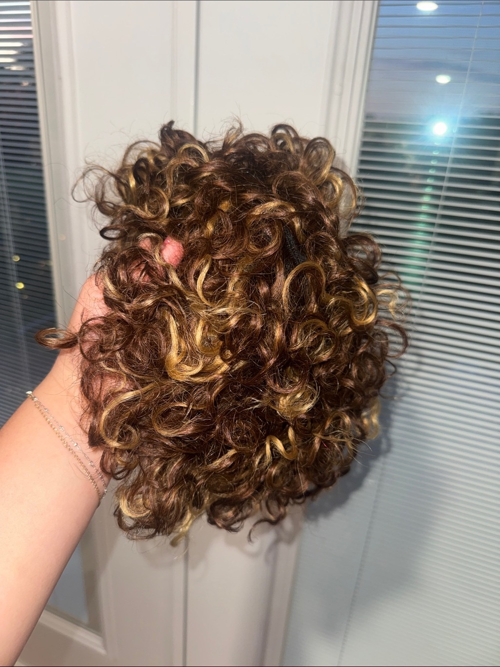 Human Curly Hair Wig in Brown with Blonde Highlights